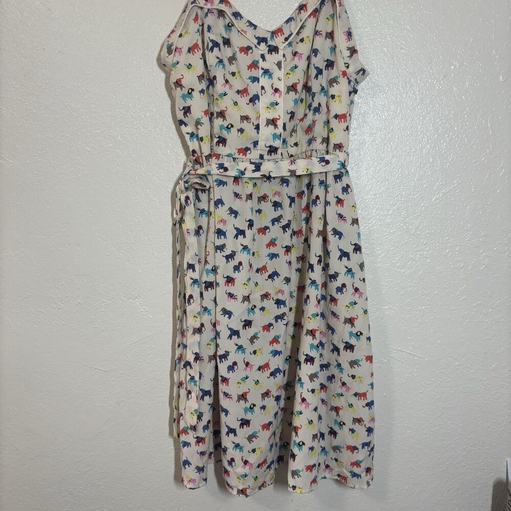 Elephant Print Dress Cotton Flare Size L Whimsical multicolored